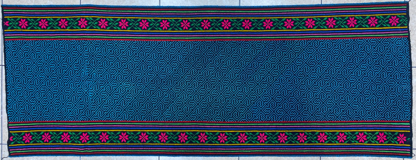 Shipibo Conibo Kené Tabletop Tapestry Hand Embroidered Peruvian Tablecloth Textile Ceremonial Amazonian Shamanic Altar 65”x 24”