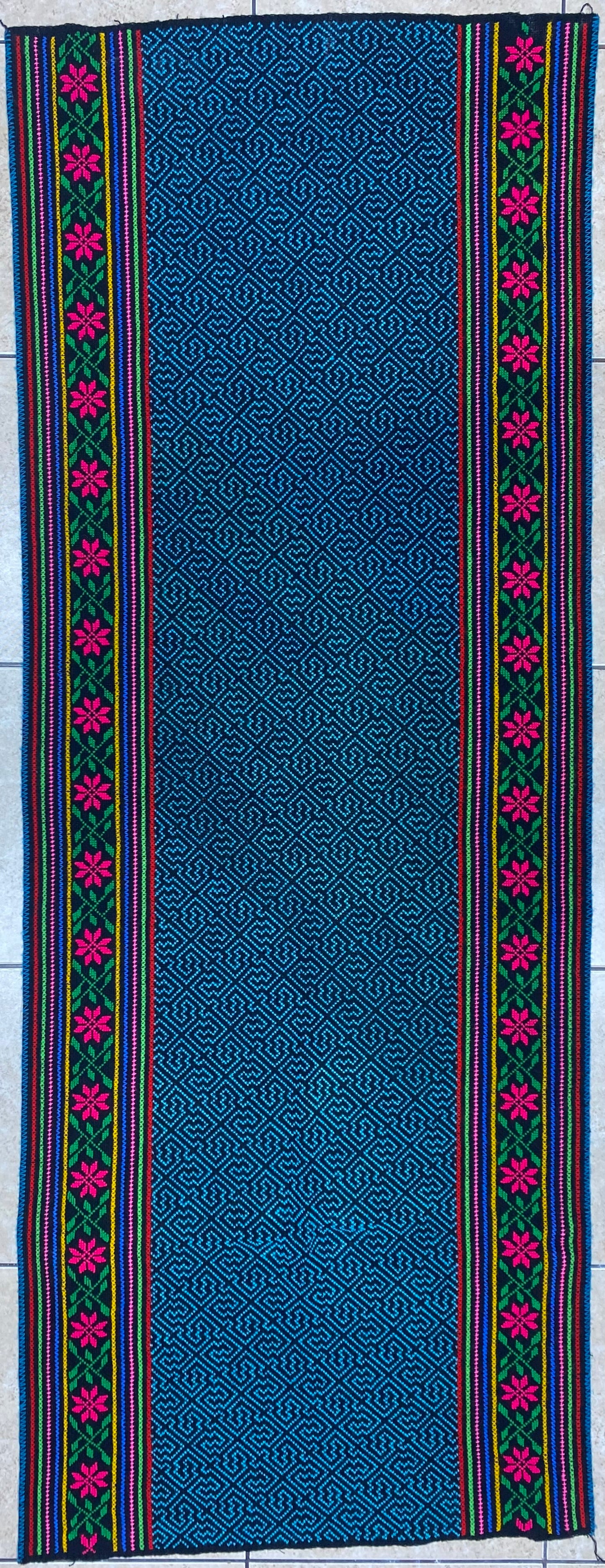 Shipibo Conibo Kené Tabletop Tapestry Hand Embroidered Peruvian Tablecloth Textile Ceremonial Amazonian Shamanic Altar 65”x 24”