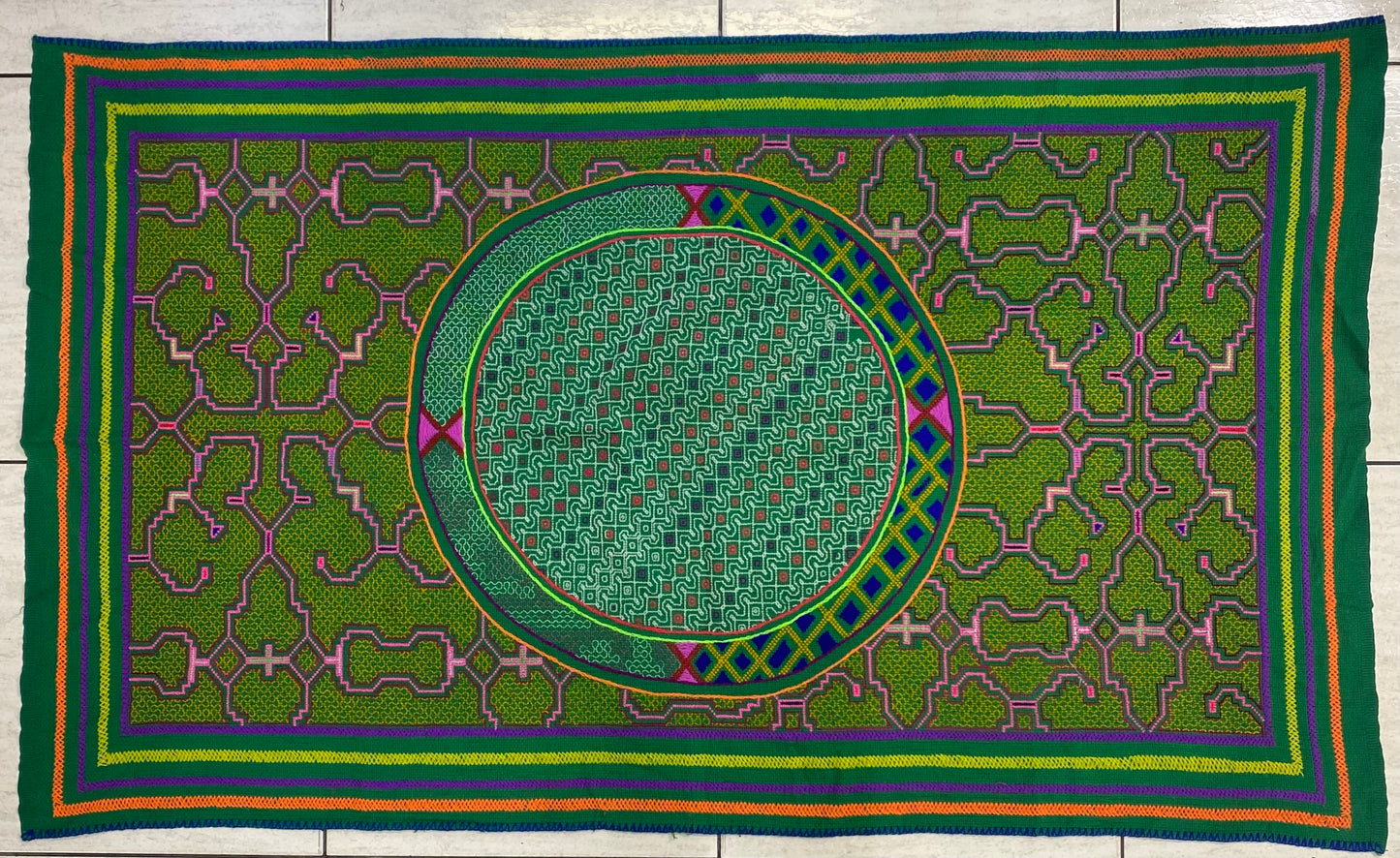 Shipibo Conibo Kené Tabletop Tapestry Hand Embroidered Peruvian Tablecloth Textile Ceremonial Amazonian Shamanic Altar 55”x32in