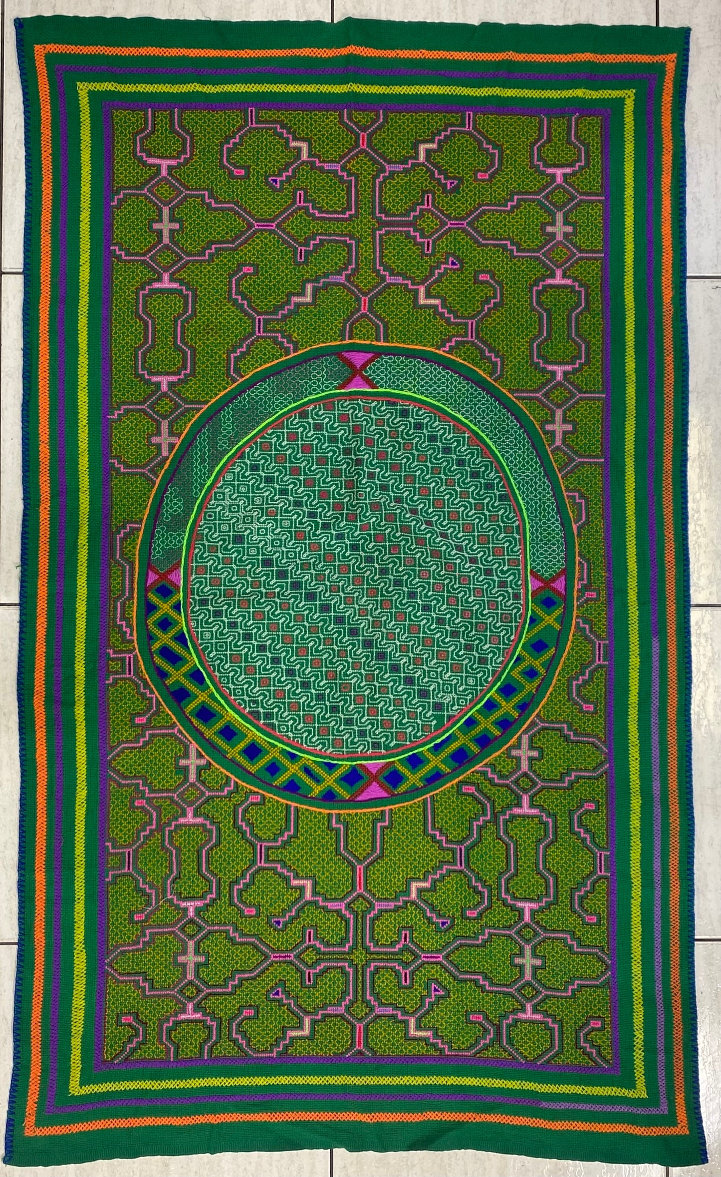 Shipibo Conibo Kené Tabletop Tapestry Hand Embroidered Peruvian Tablecloth Textile Ceremonial Amazonian Shamanic Altar 55”x32in