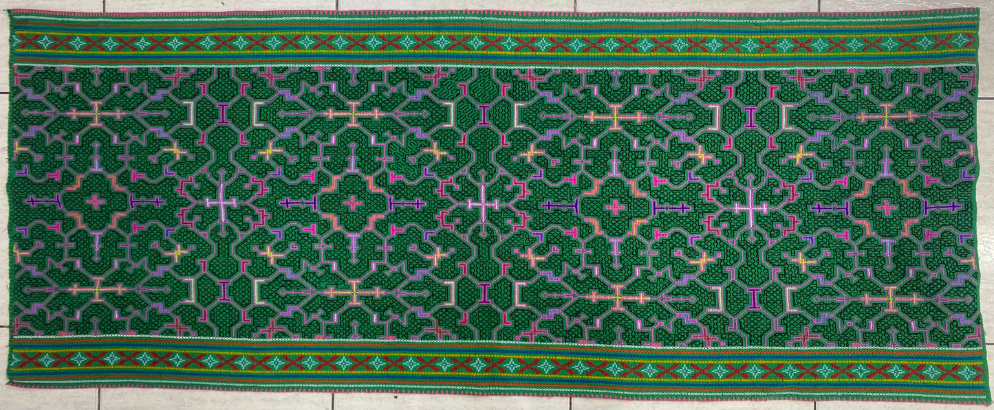 Shipibo Conibo Kené Tabletop Tapestry Hand Embroidered Peruvian Tablecloth Textile Ceremonial Amazonian Shamanic Altar 65”x 26”