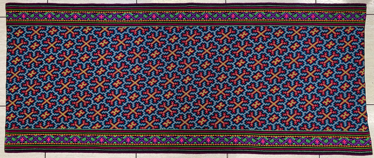 Shipibo Conibo Kené Tabletop Tapestry Hand Embroidered Peruvian Tablecloth Textile Ceremonial Amazonian Shamanic Altar 63”x 27”