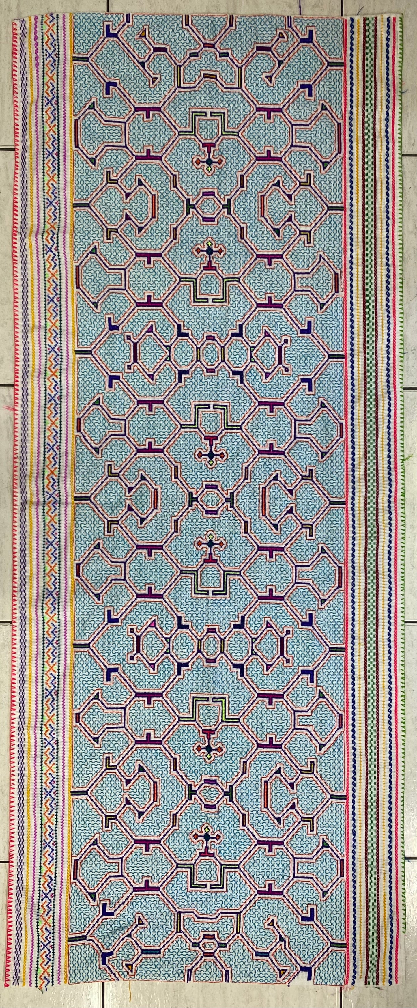 Shipibo Conibo Kené Tabletop Tapestry Hand Embroidered Peruvian Tablecloth Textile Ceremonial Amazonian Shamanic Altar 66”x 27”