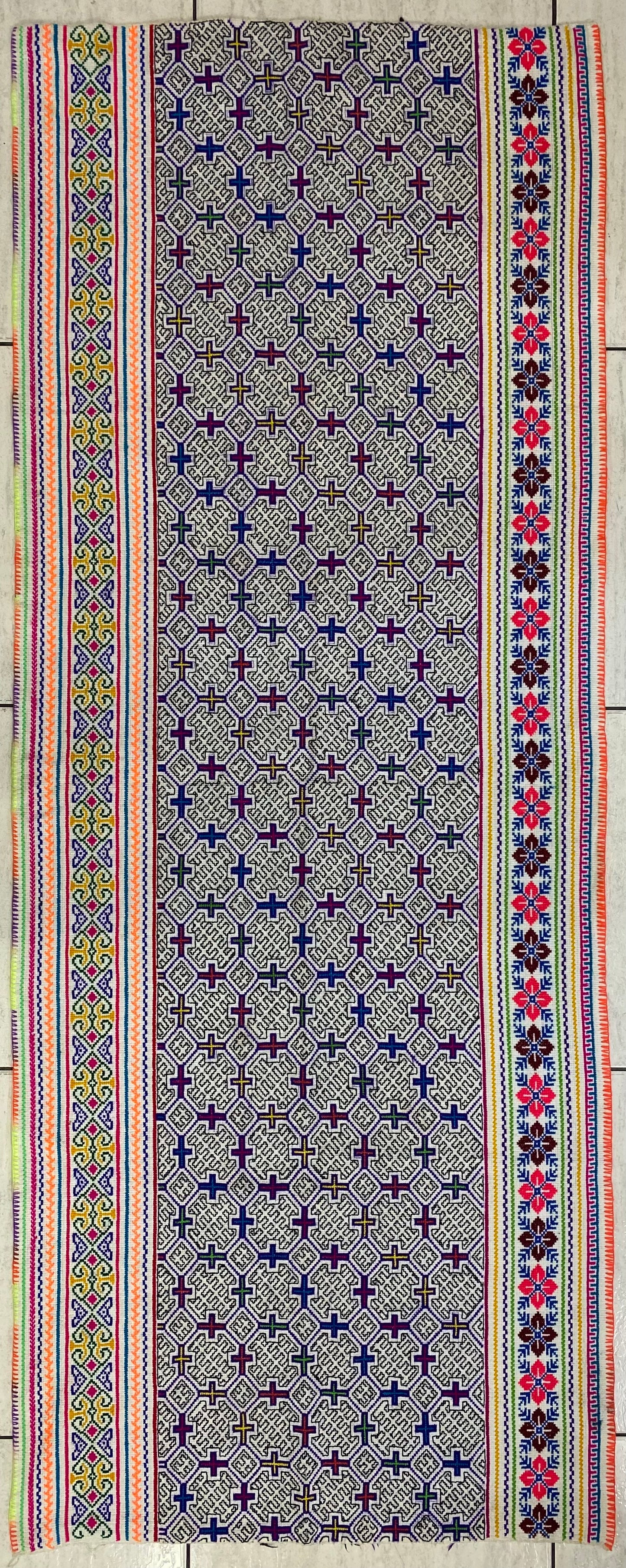 Shipibo Conibo Kené Tabletop Tapestry Hand Embroidered Peruvian Tablecloth Textile Ceremonial Amazonian Shamanic Altar 68”x 26.5”