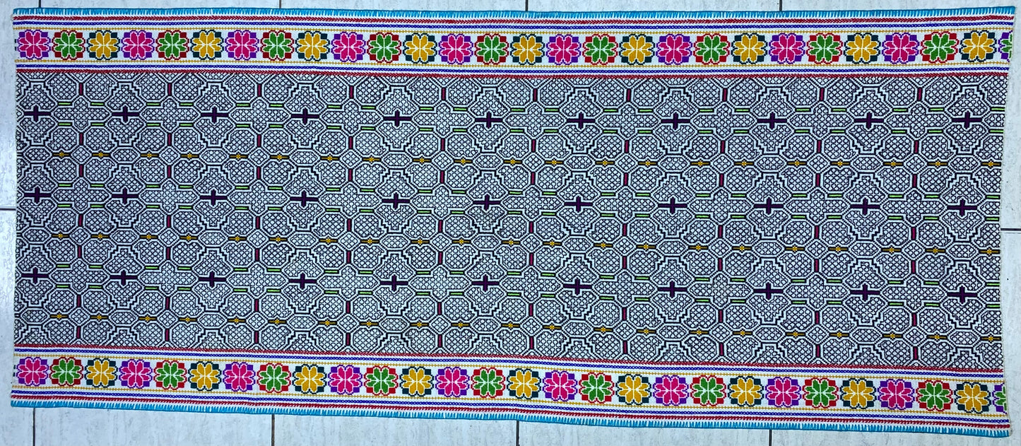 Shipibo Conibo Kené Tabletop Tapestry Hand Embroidered Peruvian Tablecloth Textile Ceremonial Amazonian Shamanic Altar 65”x 26”