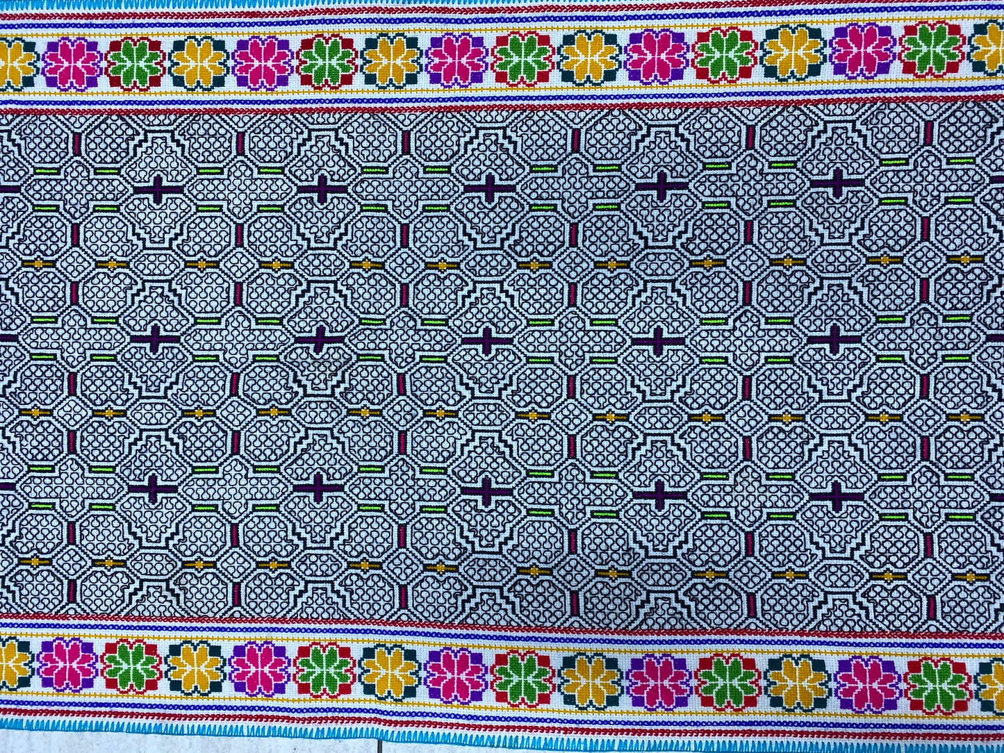 Shipibo Conibo Kené Tabletop Tapestry Hand Embroidered Peruvian Tablecloth Textile Ceremonial Amazonian Shamanic Altar 65”x 26”